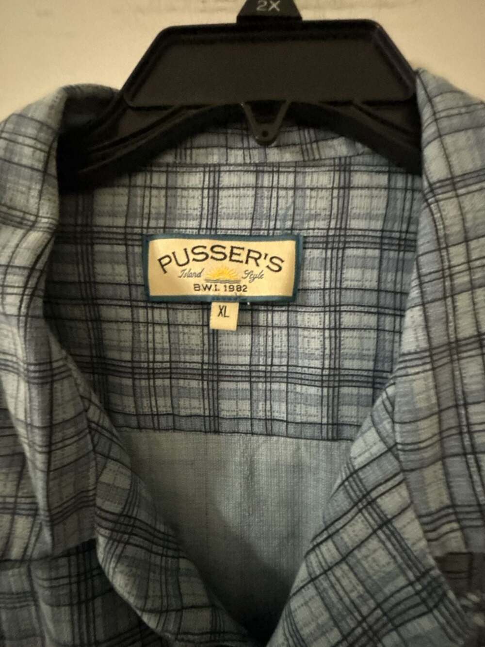 Pusser's Island Style B.W.I. 1982 Men's Blue Plaid Short Sleeve Button-Down Shir